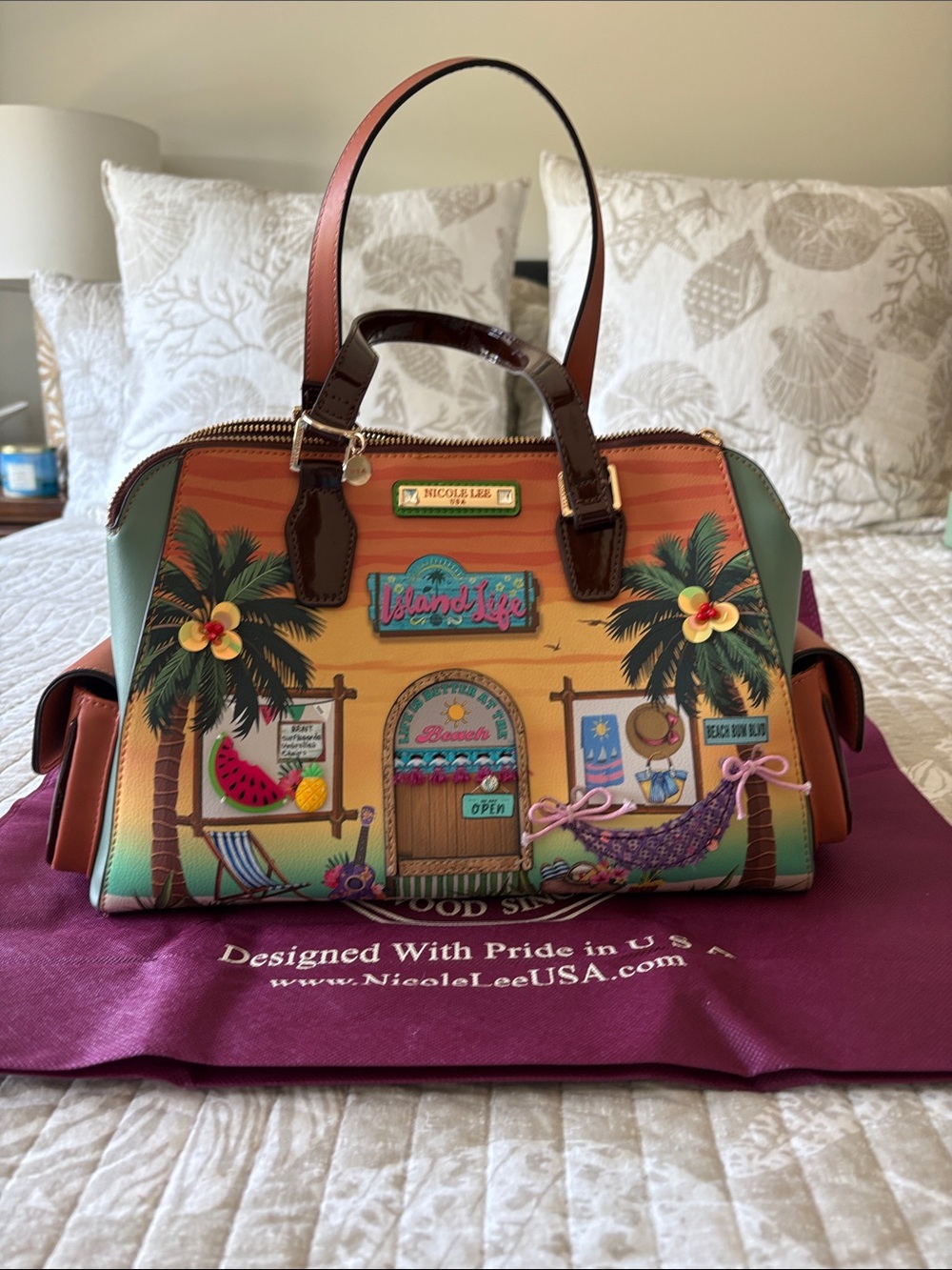 Nicole Lee Tropical Beach Print Satchel - Green, Orange, Pink